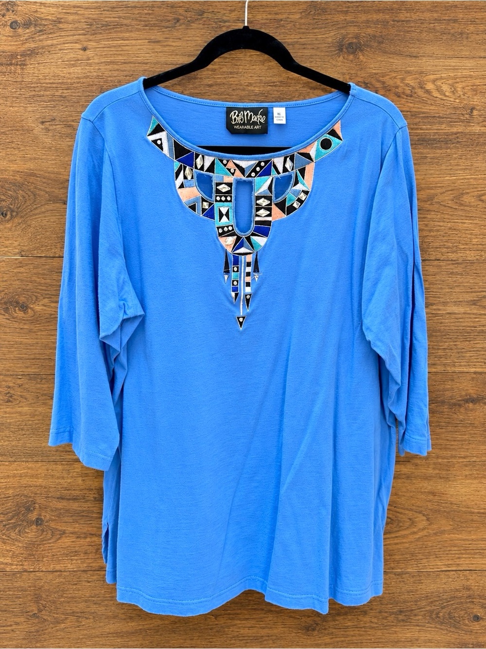 Bob Mackie Wearable Art Women's XL Blue Geometric Embroidered Scoop Neck Top